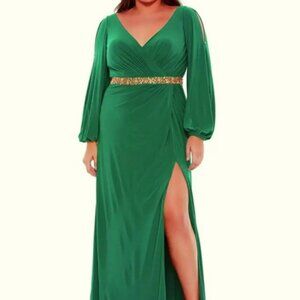 Mac Duggal Emerald Green Split Long Sleeve Jersey A-Line Gown